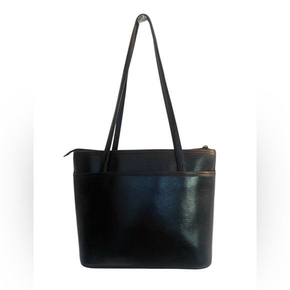 Brighton Vintage large black structured leather shoulder bag reptile print trim - Picture 2 of 7